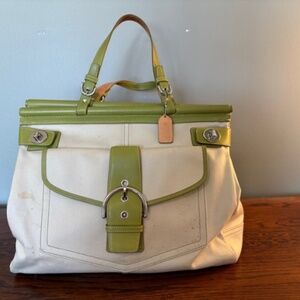 Coach Off-White Canvas Tote w/ Green Leather Trim — Large